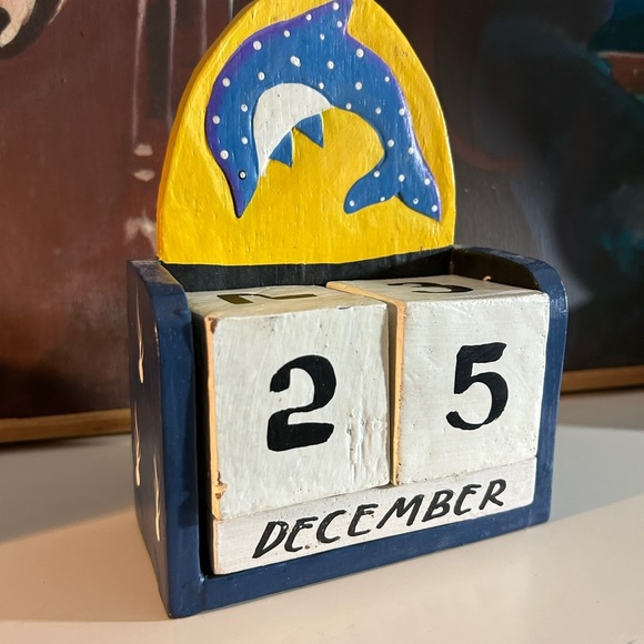 Handmade Wooden Dolphi Perpetual Desk Calendar Movable Blocks Folk Art indinesia - Picture 3 of 11